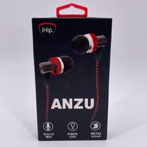 iHip Red ANZU Wired Earphones Built In Mic Fiber Cord Metal Housing IPEB7-R NEW